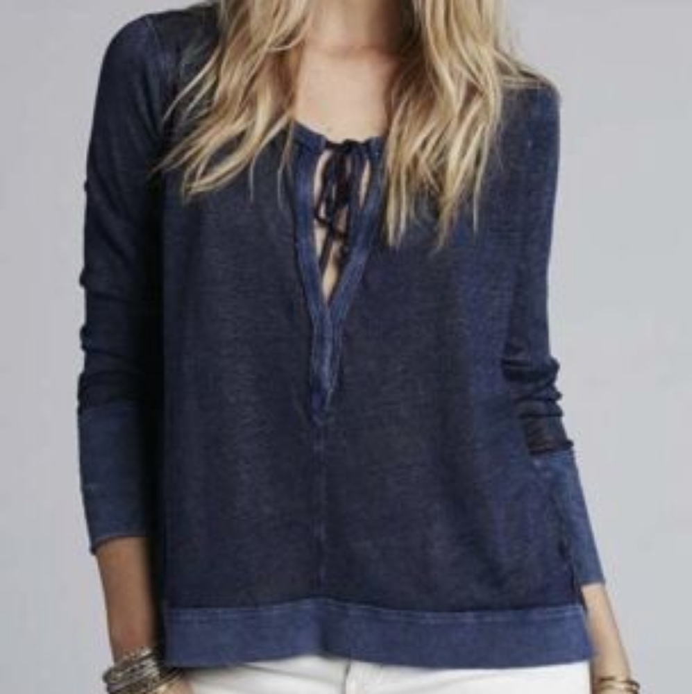 Free People Affogato Hacci Tunic Top Long Sleeve 0Tie Midnight Denim Blue Size S